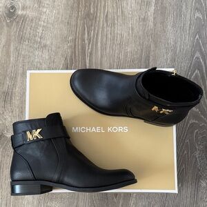 Michael Kors Black Leather Ankle Boots with Gold Logo